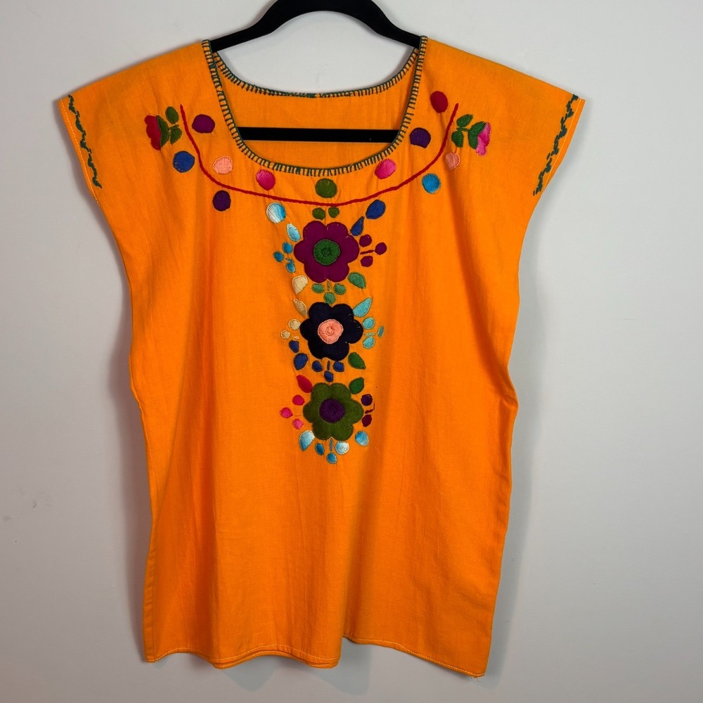 Handmade Womens Yellow Flower Embroidered Mexican Peasant Blouse Med Boho 70s